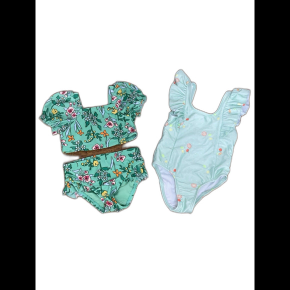 One Two Piece Bathing Swim Suits Swimming Beach Pool Floral Green 12 Mo Lot of 2 - Picture 1 of 7
